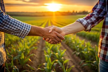 Close-up handshake between two people in a field during sunrise, symbolizing partnership in agriculture.