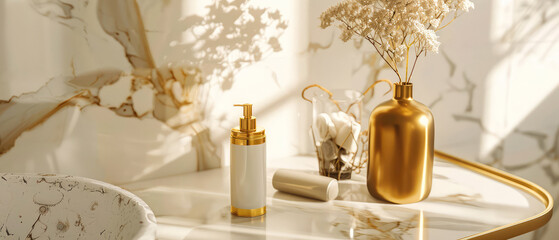 Luxury, marble interior of bathroom with countertop, golden accessories, cosmetics, product bottles, flowers. Showcase. Contemporary hotel design. Generative ai	