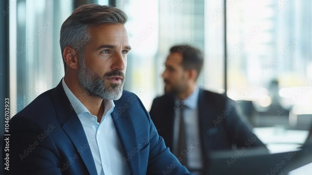 Poster a man in a suit is sitting at a desk with another man in a suit behind him