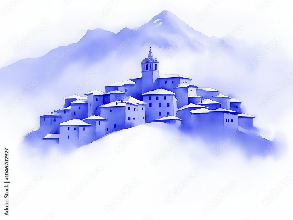 Wall mural Watercolor Painting of a Village in the Mountains.