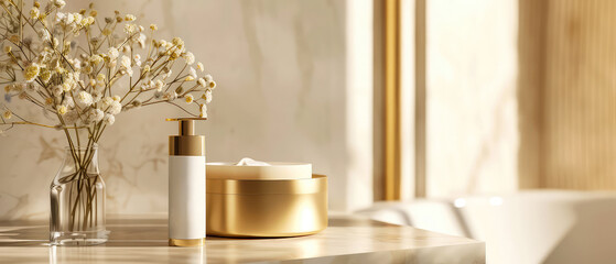 Fototapeta premium Luxury, marble interior of bathroom with countertop, golden accessories, cosmetics, product bottles, flowers. Showcase. Contemporary hotel design. Generative ai 