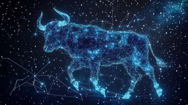 A digital illustration of the constellation Taurus, a bull, with glowing lines and stars on a dark blue background.