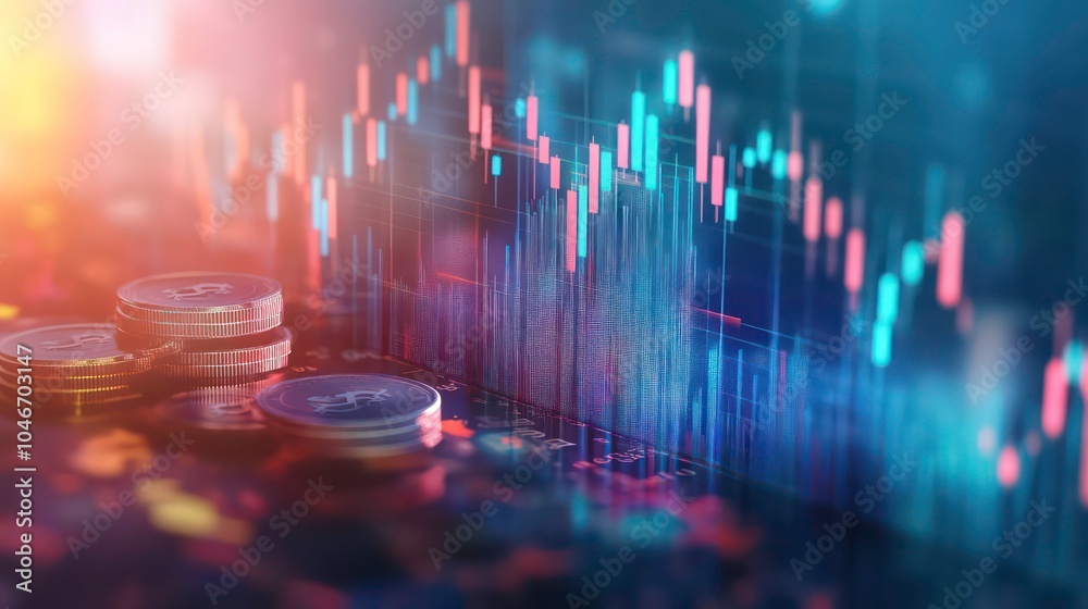 Aufkleber A stack of silver coins in the foreground with a stock market graph displayed on a screen in the background.