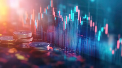 A stack of silver coins in the foreground with a stock market graph displayed on a screen in the background.