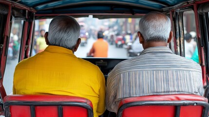 Fototapeta premium Two Elderly Men Riding in an Auto Rickshaw in a Busy City