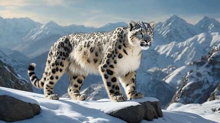 Obraz premium Elusive Snow Leopard Stealthily Walking Through Snow-Covered Mountains