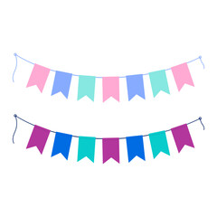Fototapeta premium Pennants on a rope in trendy soft pink, mint, blue and bright fuchsia, blue and turquoise. Set of 2