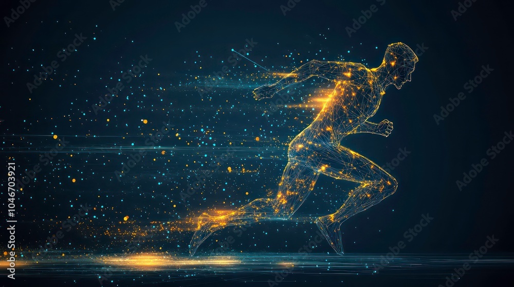 Poster A stylized image of a man running with a trail of light and particles behind him, suggesting speed and motion.