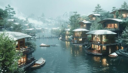 Obraz premium Waterfront City Plan, sustainable city with a river in front, city built along a waterfront, integrating water into the design with floating structures, bridges, and canals.