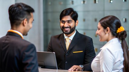 An Indian hotel staff member assisting guests with check-in at the front desk.

