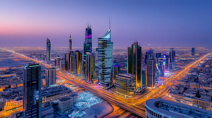 Naklejka premium Vibrant City Skyline at Night with Illuminating Lights