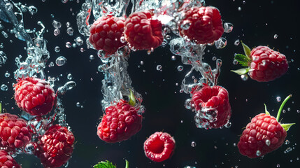 Fototapeta premium A bunch of ripe raspberries falls into the water. The water splashes and raspberries float on the surface. A healthier diet. The gifts of summer and the forest. A delicious and healthy snack