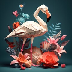 Origami 3D artwork featuring a vibrant flamingo surrounded by tropical flowers. The geometric design and bold colors