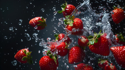 Clusters of red strawberries dance in a stream of water on a black background. The water splashes and the strawberries float in the air. The scene is lively and playful