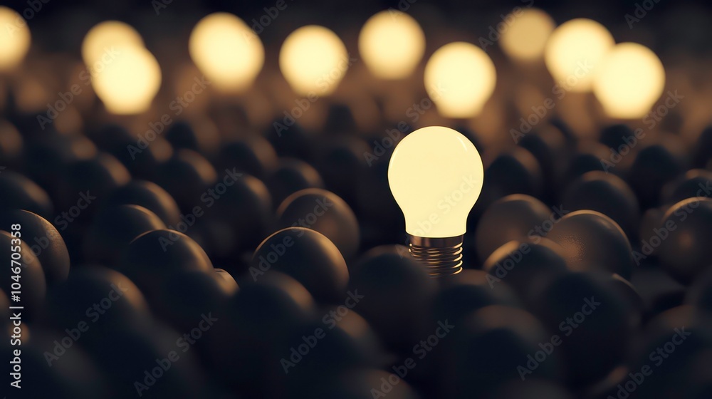 Poster a single lit lightbulb stands out among a field of unlit bulbs, symbolizing uniqueness and innovatio