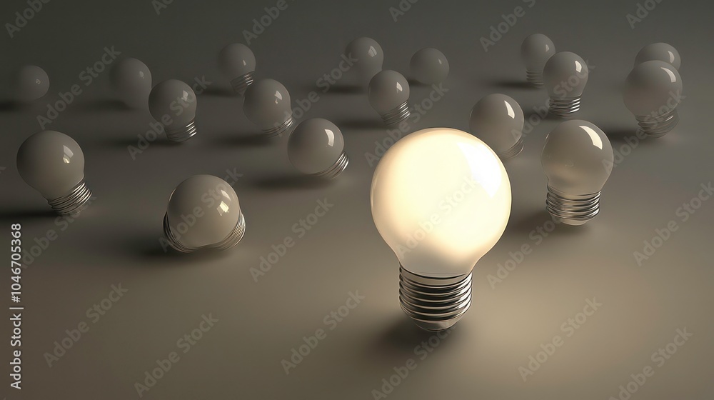 Aufkleber a single glowing light bulb stands out from a group of unlit bulbs on a gray background.