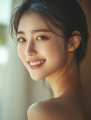 Naklejka premium High-quality crop photo of skincare and cosmetics concept with copy space for text. Woman with beautiful face touching healthy facial skin portrait. Beautiful happy girl model with natural 