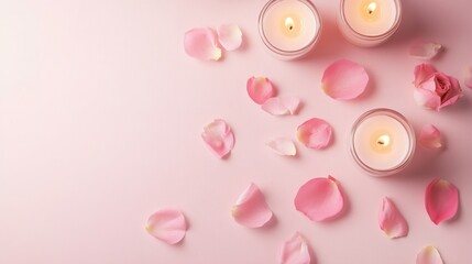Photo of, Pink background with scattered rose petals and floral elements for design, banner template