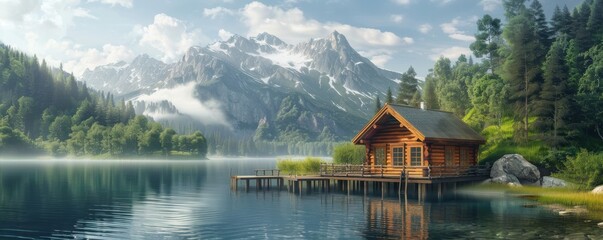 Obraz premium Serene lakeside cabin with a wooden dock, 4K hyperrealistic photo