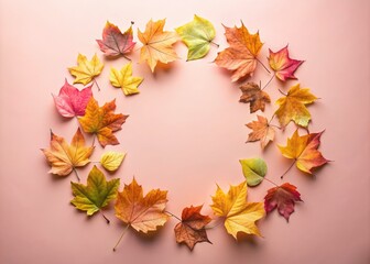 Fototapeta premium Autumn Circle Decoration with Natural Leaves on Soft Pink Background | Pastel Aesthetic Fall Concept | Seasonal Decor | Cozy Autumn Vibes | Copy Space for Text