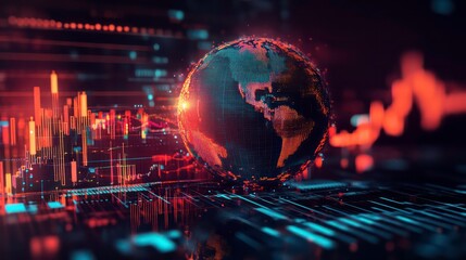 A glowing digital globe sits atop a network of data lines and charts, symbolizing global connectivity and data exchange.