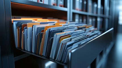 A metallic file cabinet drawer pulled open, packed with folders of paperwork arranged by color and label, evoking the importance of finance and business record organization.