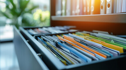 A metallic file cabinet drawer pulled open, packed with folders of paperwork arranged by color and label, evoking the importance of finance and business record organization.