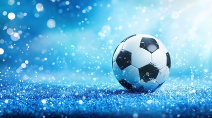 Naklejka premium A soccer ball on a snowy field, creating a dynamic sports scene.