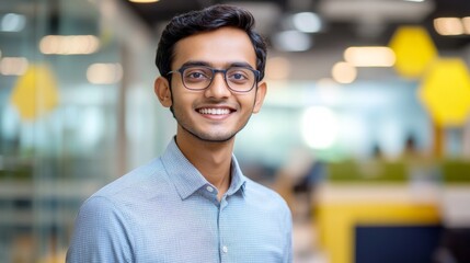 Fototapeta premium Happy Indian Man Smiling Portrait in Modern Office