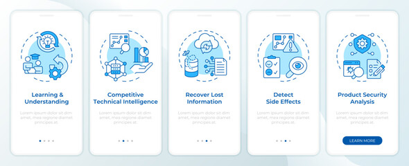 Fototapeta premium Re-engineering applications blue onboarding mobile app screen. Walkthrough 5 steps editable graphic instructions with linear concepts. UI, UX, GUI template. Montserrat SemiBold, Regular fonts used