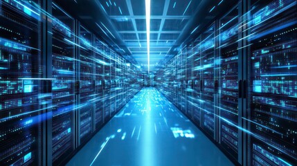 A server room with rows of servers and blue lights.