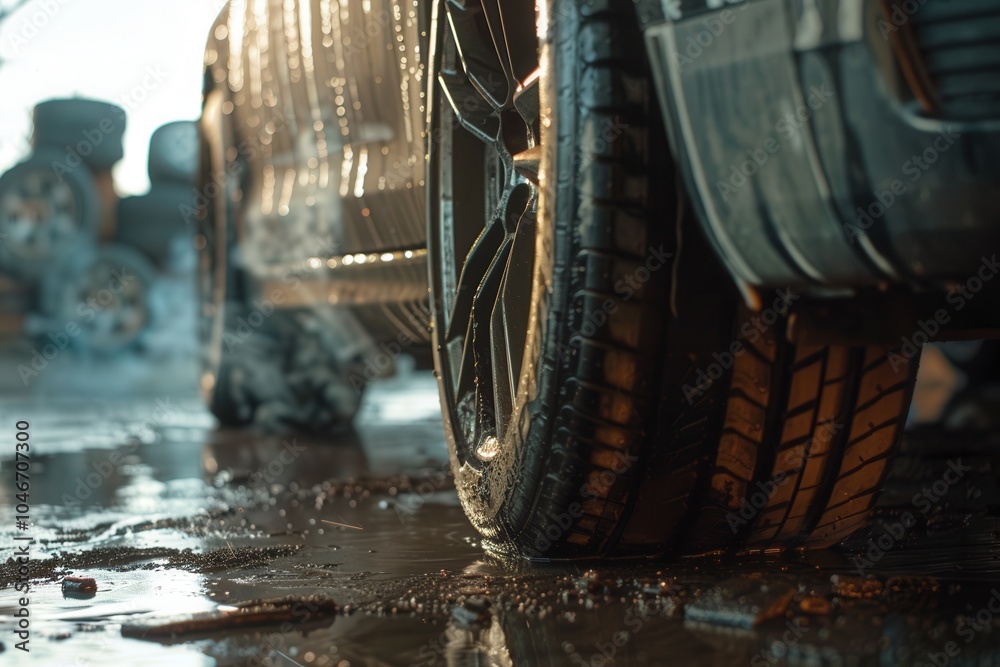 Aufkleber a mechanic is changing tires on a car inside a workshop, surrounded by tools and wet floors reflecti