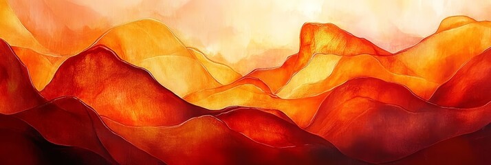 Fototapeta premium Orange And Red Abstract Mountain Landscape Painting in Contemporary Art Style Trendy Home Decor