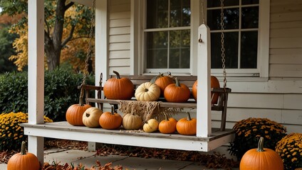pumpkin and pumpkins  , A porch swing displays a variety of orange and white pumpkins, suggesting fall harvest and Thanksgiving.