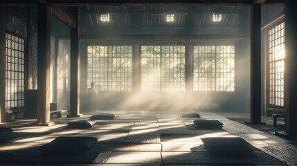 Fototapeta premium A serene, sunlit room with tatami mats and large windows, creating a peaceful atmosphere.
