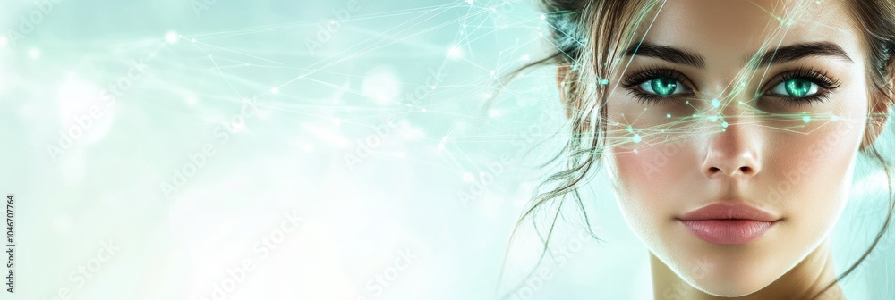 Poster a beautiful young woman gazes confidently, surrounded by a captivating 3d network and data flow desi