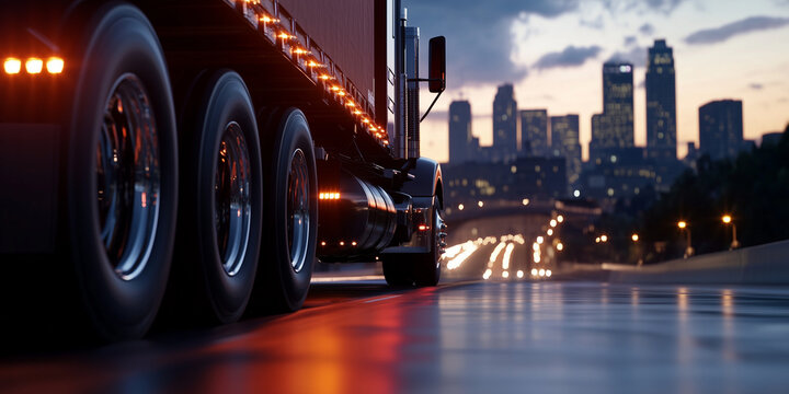 The powerful wheels of a semi-truck speeding over a bridge, with the city in the background, showcasing the seamless connection of logistics and urban freight delivery.