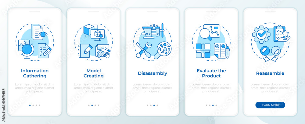 Wall mural reverse engineering process blue onboarding mobile app screen. walkthrough 5 steps editable graphic 