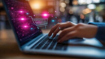 Online Shopping Concept  Hands Typing on Laptop with Shopping Cart Icon  E Commerce  Digit