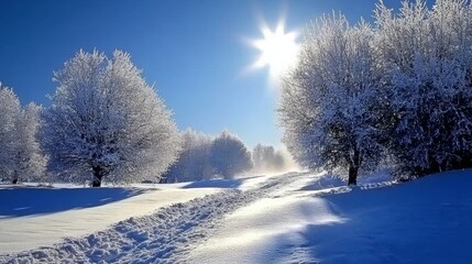 Obraz premium Snowy Winter Forest Path with Sun Shining Through Trees