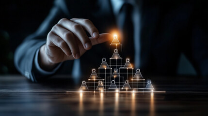 Employees glowing on a dynamic, digital organizational chart, indicating HR's focus on priority training and promotion to leadership positions, building a strong team.