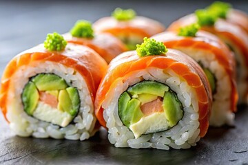 Sushi rolls with avocado and wasabi from tilted angle