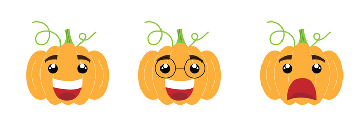 Funny Pumpkin Characters Flat Style. Autumn vegetable fantasy fictional creatures vector art