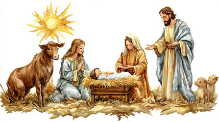 The painting depicts Mary, Joseph and the baby Jesus in a peaceful and holy scene, with Mary cradling Jesus in her arms and Joseph standing protectively by their side.AI generative.