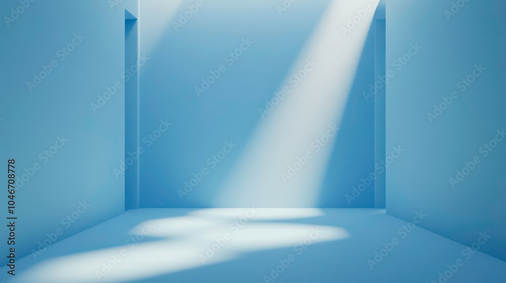 Poster a minimalist room with a single ray of light shining through a window in a blue interior.