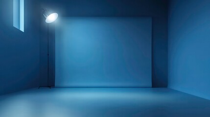 A blank white canvas in a blue room with a single lamp, a window, and a blue floor.