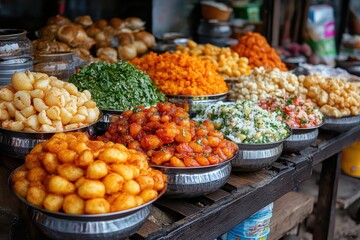 Obraz premium indian street food feast, enjoy a scrumptious indian street food feast with pav bhaji, pani puri, dahi puri, and bhel puri on vibrant disposable plates