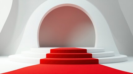 A red carpet leads to a white podium with an arched opening behind it.