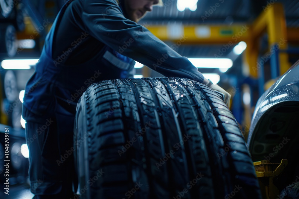 Poster a technician works diligently to change a tire on a car in a bright auto workshop, showcasing expert