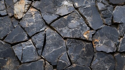 Fototapeta premium A wall made of broken pieces of black stone. The wall is made of many different sized pieces of stone, and it is a very old wall. The wall is very rough and uneven, and it has a very dark